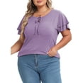 thumbnail image 6 of Mengpipi Womens Plus Size Tops Ruffle Sleeve Lace-Up V-Neck Shirts Loose Fit Casual T-Shirts Purple M-4X, 6 of 8