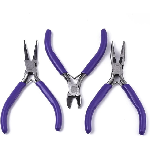 1 juego de alicates de joyería de acero con mangos de plástico que incluye alicates de punta redonda para alambre, alicates de corte y alicates de corte lateral. Alicates de joyería azul oscuro.