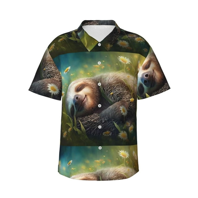 Fotbe Daisy Sleeping Sloth Camisa Hawaiana para Hombre Unisex – Camisa Casual de Verano con Botones de Manga Corta de Algodón y Lino,3X-Large