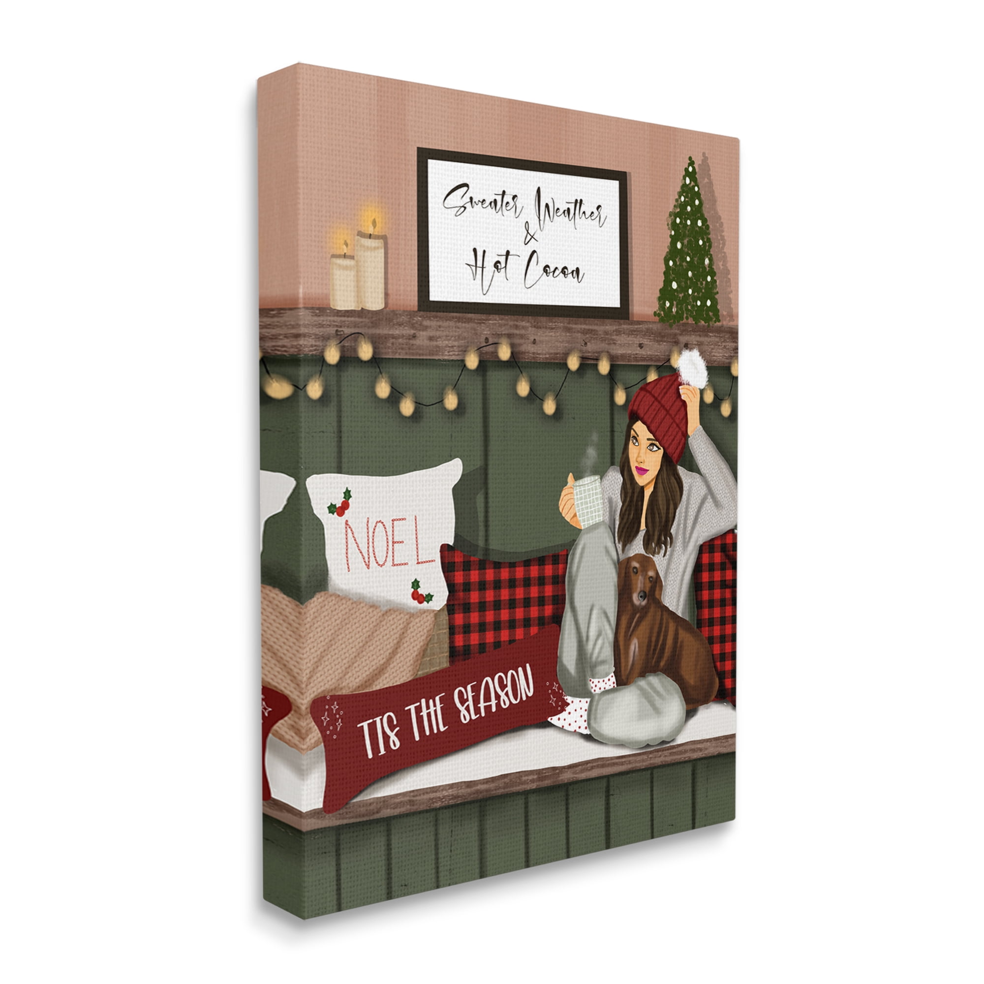 Stupell Industries Cozy Girl with Christmas Phrases Holiday Painting Gallery Wrapped Canvas Art Print Wall Art, 24 x 30