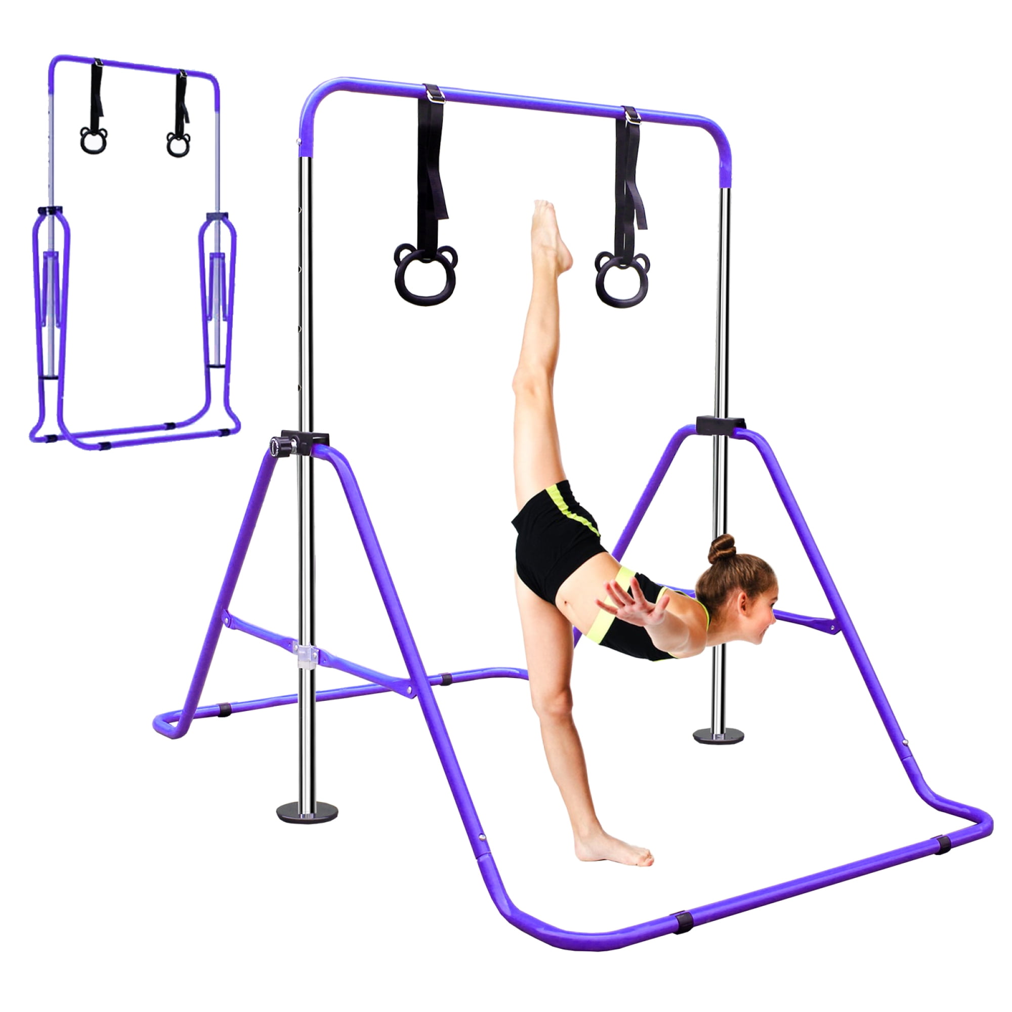 Gymnastics Bar for Kids,Adjustable Height Gymnastic Horizontal Bars with Bear Rings,Folding Junior Training Kip Bar for Kid Gymnasts, Child, Girl, Boy,Purple