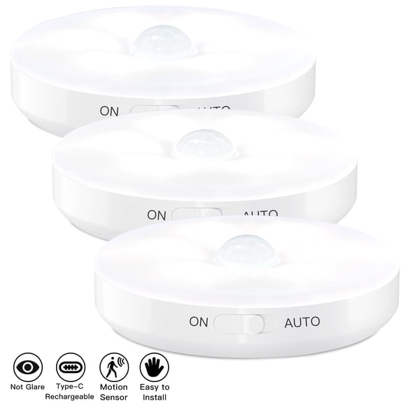 Wireless Motion Sensor LED Puck Lights,White (3 Pack),Warm White,10 Lumens