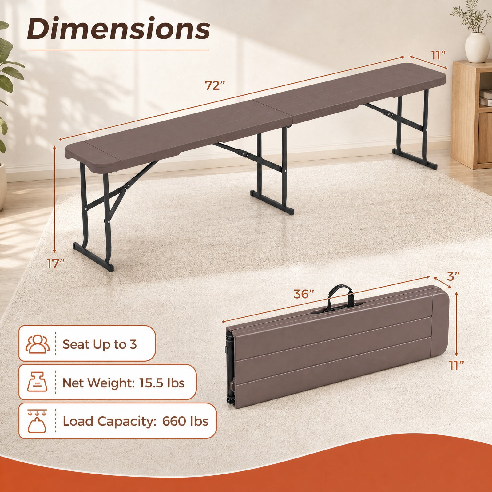 Biotree 6 Feet Folding Bench for Picnic Camping Dining 17" x 72" Portable Seat for Backyard Party, Coffee