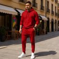 thumbnail image 3 of Men's Winter 2-Piece Casual Set, Solid Color Fleece Pullover Hoodie and Pants, Warm Lounge Wear For Everyday Cold Weather,Red,M, 3 of 8