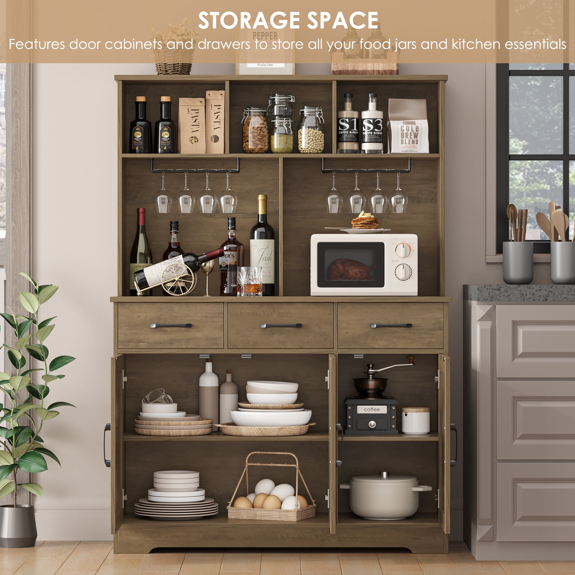 Homfa 60” Tall Kitchen Pantry with Hutch, 3 Drawers Coffee Bar with 3 Doors, Hutch Cabinet with Adjustable Shelf for Dining Room, Rustic Brown