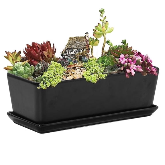 EPFamily 10inch Black Ceramic Succulents Planter with Drainage & Saucer for Indoor Plants