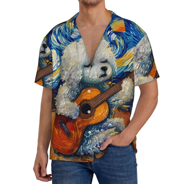 Balery Dog Guitar Starry Night Camisa Casual de Manga Corta con Botones para Hombre, Texturizada, Estilo Cubano, para Playa, Verano-X-Large