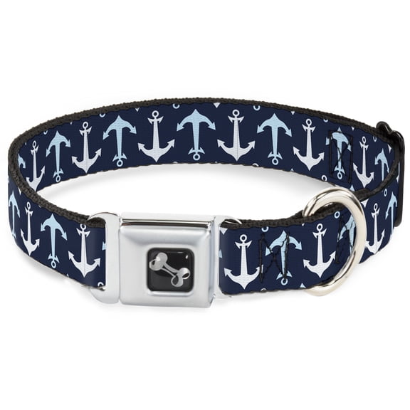 Buckle-Down Pet Collar, Dog Collar Metal Seatbelt Buckle, Anchor Flip Close Up Navy Baby Blue White, 9.5 to 13 Inches 1.0 Inch Wide