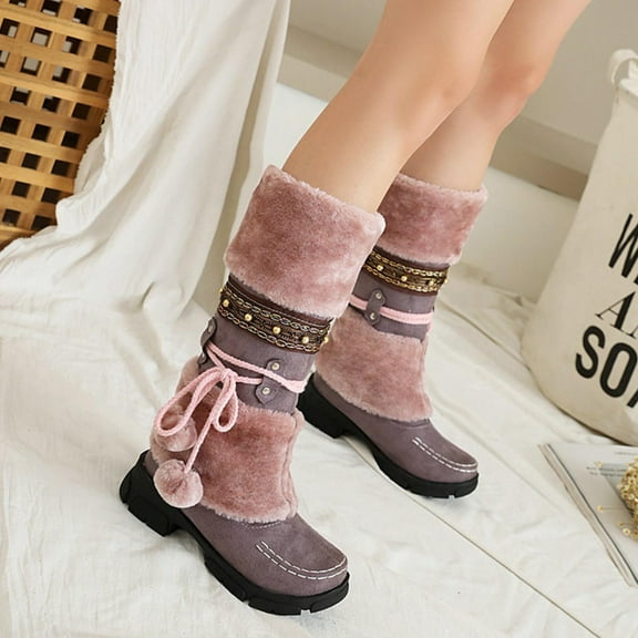 Women Boots Slip-on Snow Boots Velvet Cotton Boots Warm Solid Cotton Shoes Plush Ball Ethnic Knight Boots Women's Snow Boots Holiday Clearance
