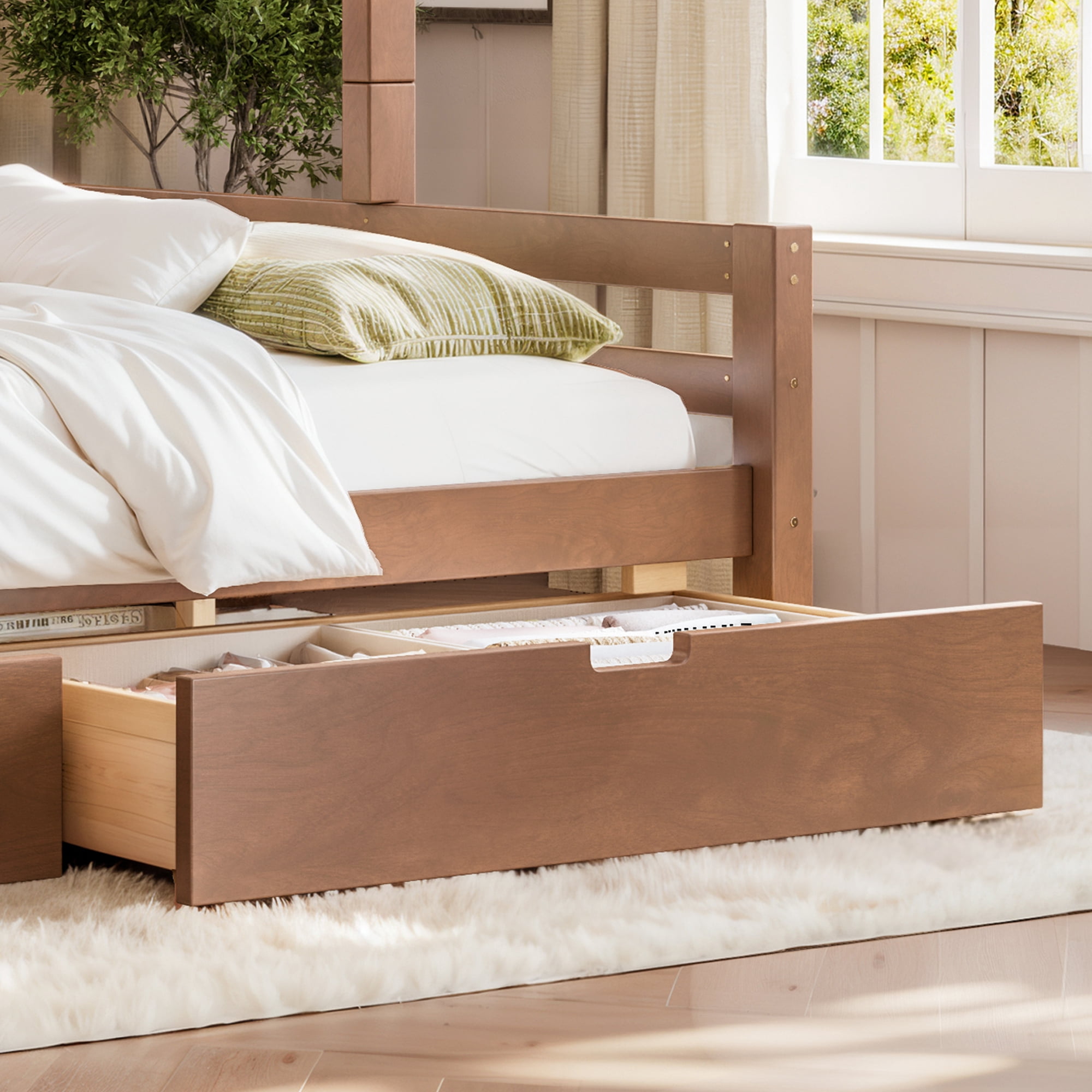 Leumius Twin XL over Queen Bunk Bed with Storage Drawers, Chic Curved Guardrail & Side Storage Shelves, Bunk Bed Frame with Ladder Deep Natural