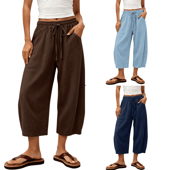YVNAURA Womens High Waisted Wide Leg Cropped Pants with Pockets Elastic Drawstring Loose Fit Baggy Sweatpants French Terry Casual Lounge Travel Workout Capri Joggers, Navy,L