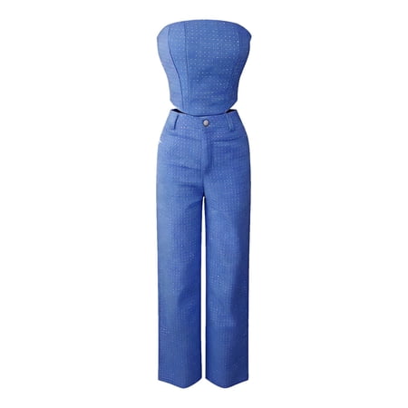 MDUKONU Women's Trousers Suit Set Low Waist Straight Leg Trousers for Everyday Wear High Street Casual Ensemble Suited Dark Blue L