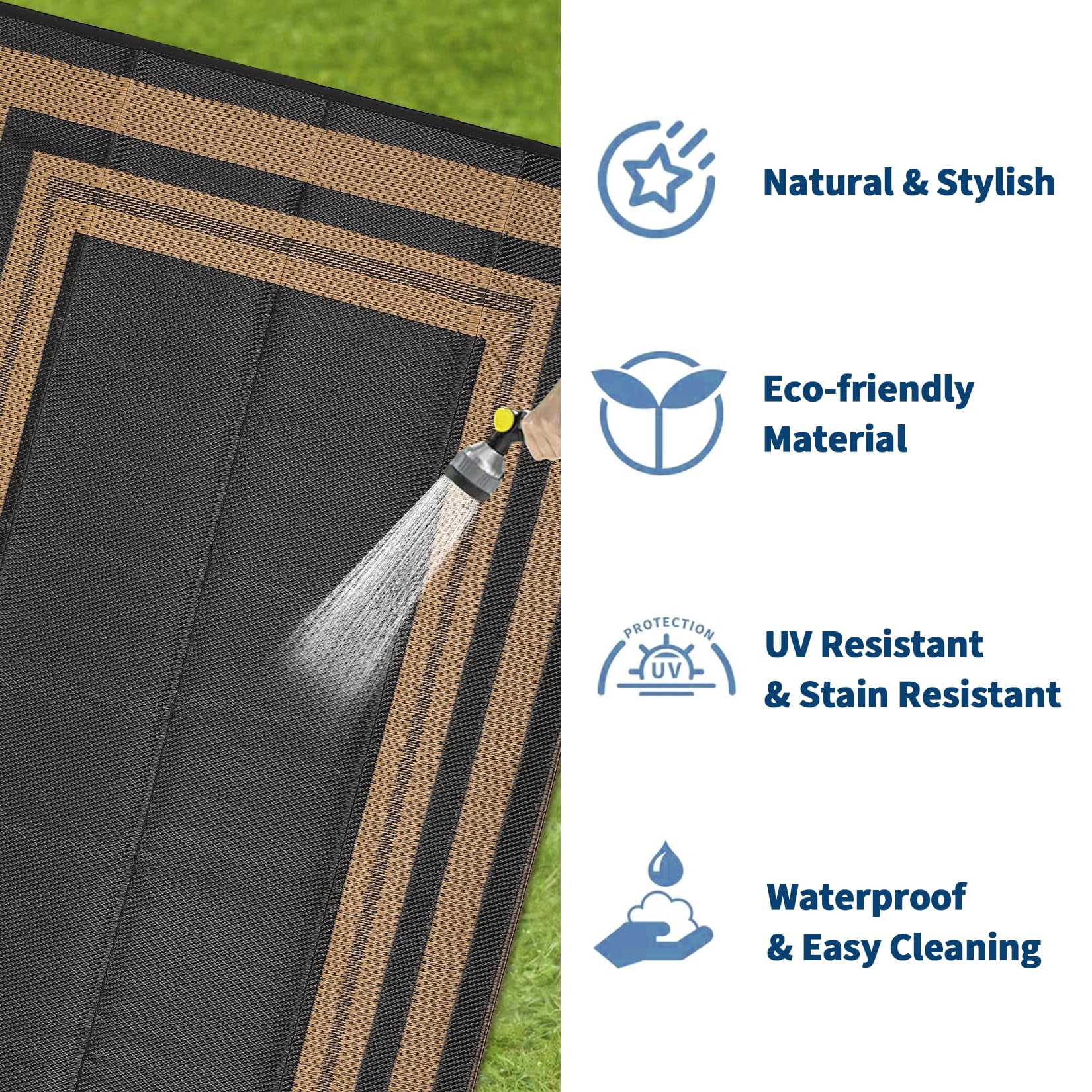 Outdoor Plastic Straw Rug 8x10 Reversible Patio Rug Outdoor Rugs Waterproof Camping Rugs Portable Outside Floor Mat for RV Porch Balcony Patio Camping Picnic Beach Black/Brown Panel