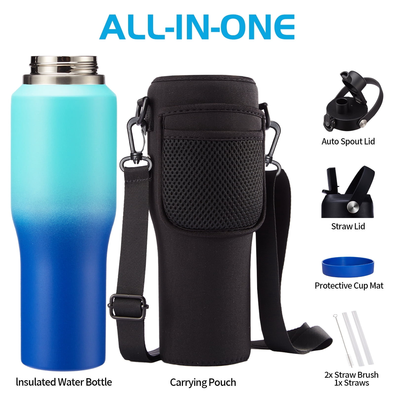 32oz Insulated Water Bottle with Straw - Keep Cold 48h or Hot 24h, Vacuum Stainless Steel Tumbler with Carrier Bag, T-shape Thermal Cup Fit Car Cup Holder