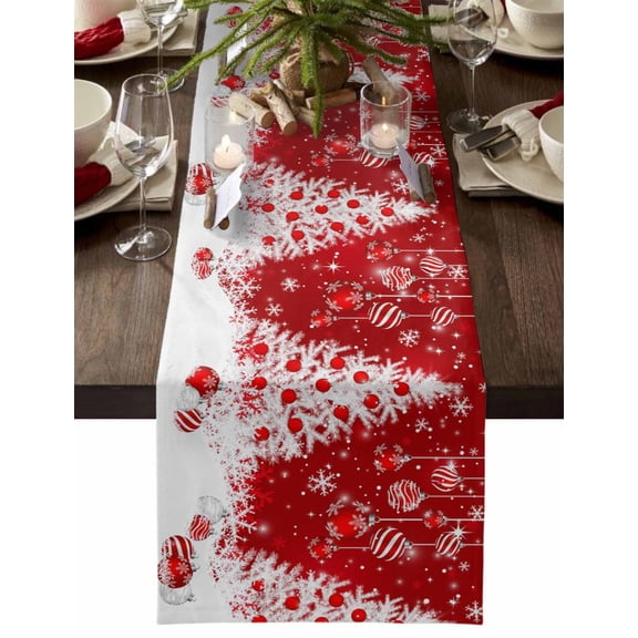 ERUNPONLY Red Christmas Tree Table Runner - 36 Inch Long Balls Xmas Snowflake Winter Cotton and Linen Blended Dress Scarves Farmhouse Table Runner for Kitchen Dining, Coffee Table, 13" x 36"