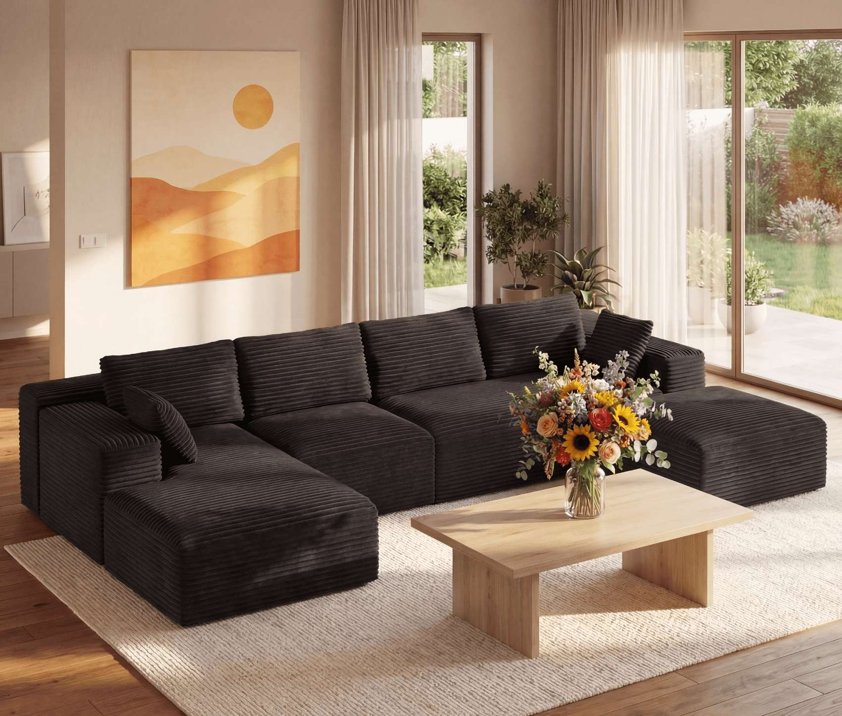 U-Shape Sectional Sofa, Lofka 135'' Modular Sectional Couch with Chaise Lounge, Couch Comfy Corduroy Floor Sofa for Living Room, Corduroy Upholstered 4-Seater Sofa with Pillow Back and Square Arms,