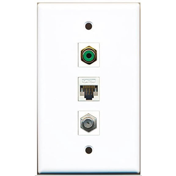 RiteAV - 1 Port RCA Green and 1 Port Coax Cable TV- F-Type and 1 Port Cat5e Ethernet White Wall Plate