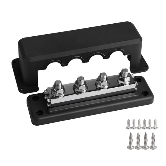 BIBABLYKE 4 Post Power Distribution Block Bus Bar with Cover 600A Marine Bus Bar, Battery Terminals Distribution Block (3/8”)