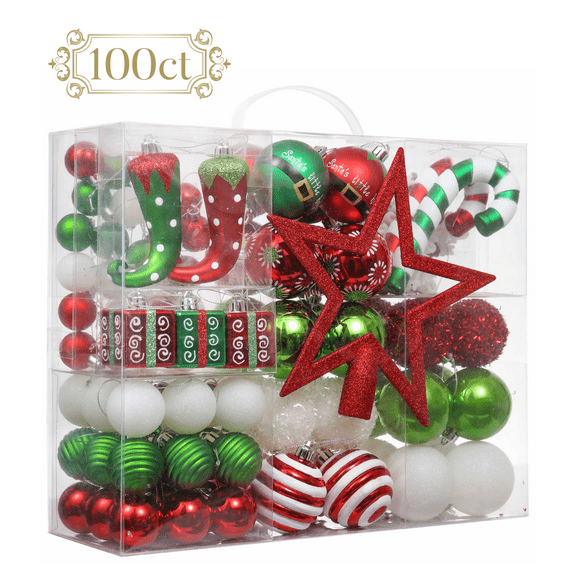 Valery Madelyn 100ct Christmas Ornaments Set, Red Green White Hanging Tree Ornaments for Christmas Party Decor