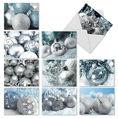 'M3961 VISIONS IN SILVER' 10 Assorted All Occasions Greeting Cards Featuring Pretty Images Of Silver-Colored Christmas Tree Ornaments with Envelopes by The Best Card