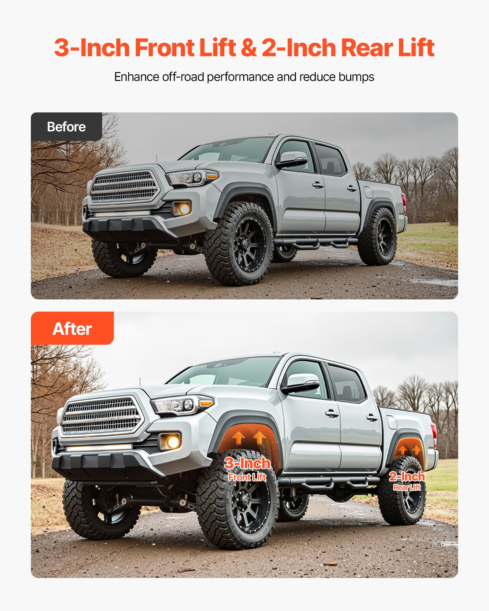 VEVOR 3 Inch Front and 2 Inch Rear Leveling Lift Kit for 2007-2023 Silverado 1500 2WD/4WD, 2007-2023 Sierra 1500 2WD/4WD, Chassis Level Kit with 2 Front Strut Spacers, 2 Rear Lift Blocks, 2 U-Bolts