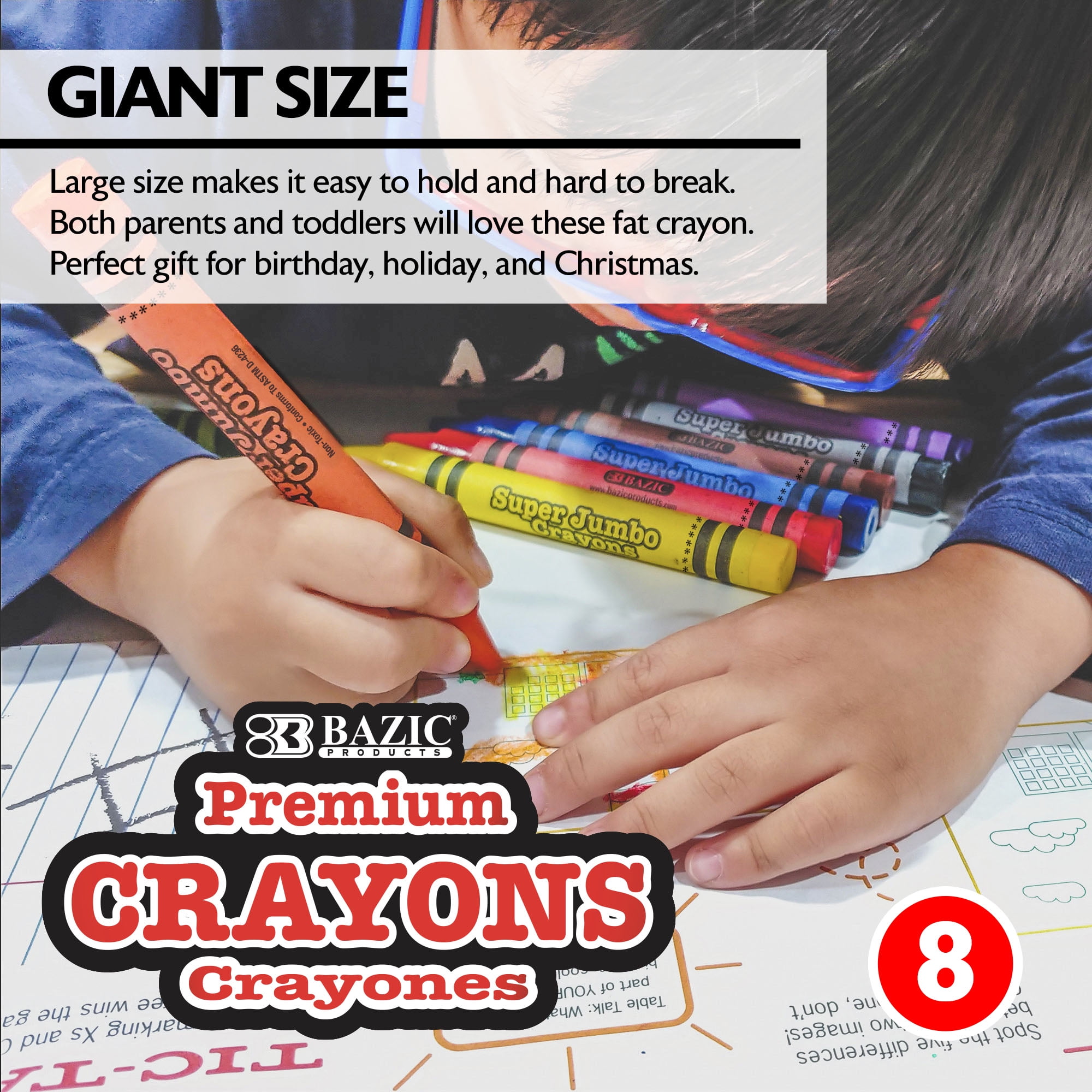 BAZIC Super Jumbo Crayons 8 Color, Non Toxic Crayon (8/Pack), 24-Packs