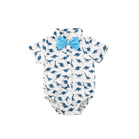 

TheFound Baby Boys Short Sleeve Gentleman Bowtie Romper Bodysuit Top Dinosaur Flamingo Print Dress Shirt Top