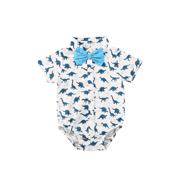 EYIIYE Baby Boys Cartoon Print Romper Short Sleeve Button + Gentleman Bowtie