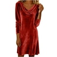 thumbnail image 2 of Velvet Dress for Women Cowl Neck Wedding Dress Long Sleeve Ruched Pencil Vintage Cocktail Mini Dresses, 2 of 9