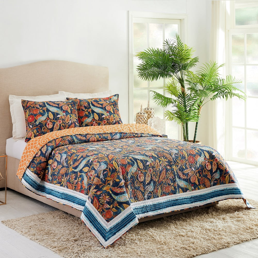 Dena Home Blue Peacock Garden 3-Piece Quilt Set, Full/Queen