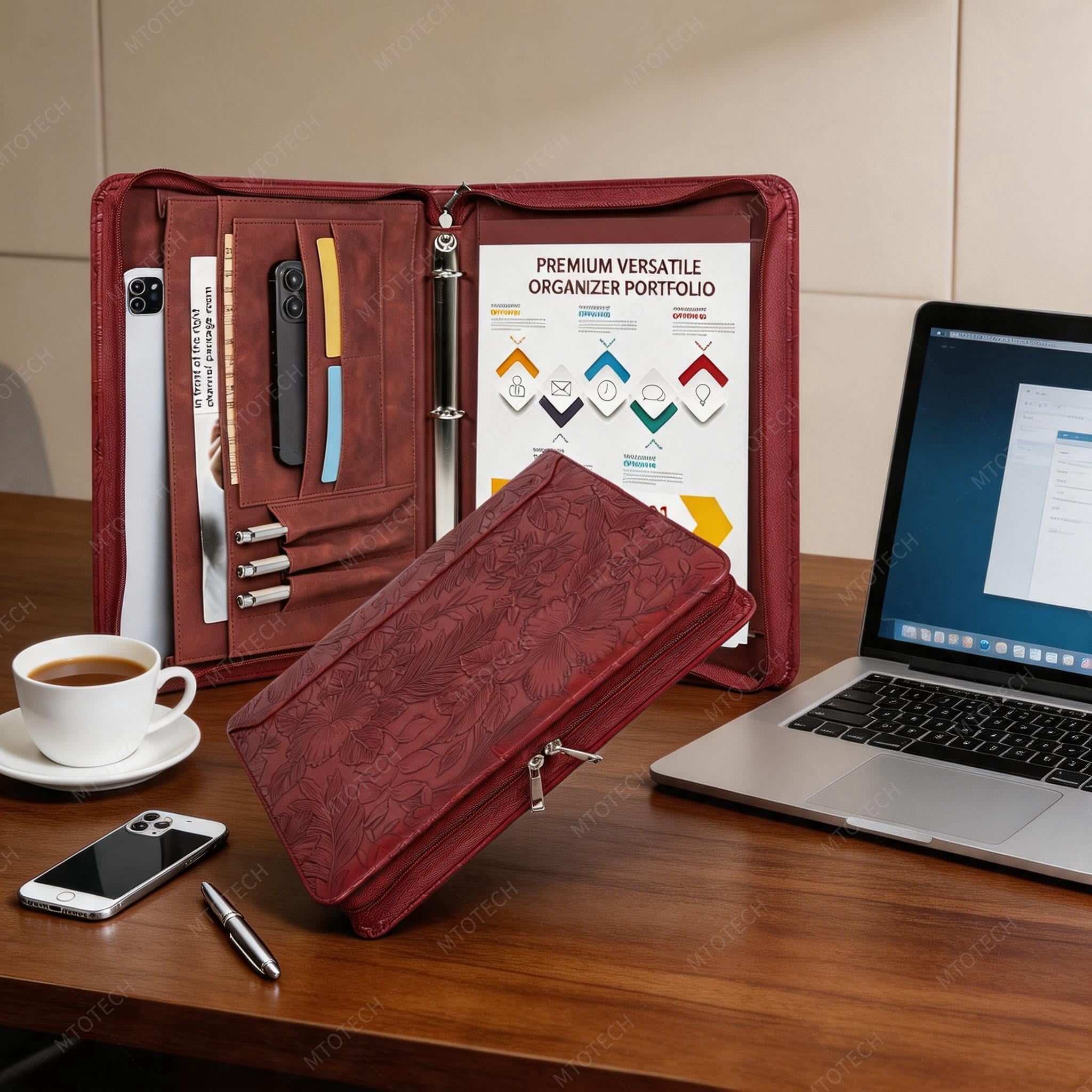 Leather Padfolio for Women,Zippered Padfolio with 3 Ring Binder,Business Portfolio Organizer for Women with A4 Writing Pad Holder, Document Organizer for Meeting/Interview