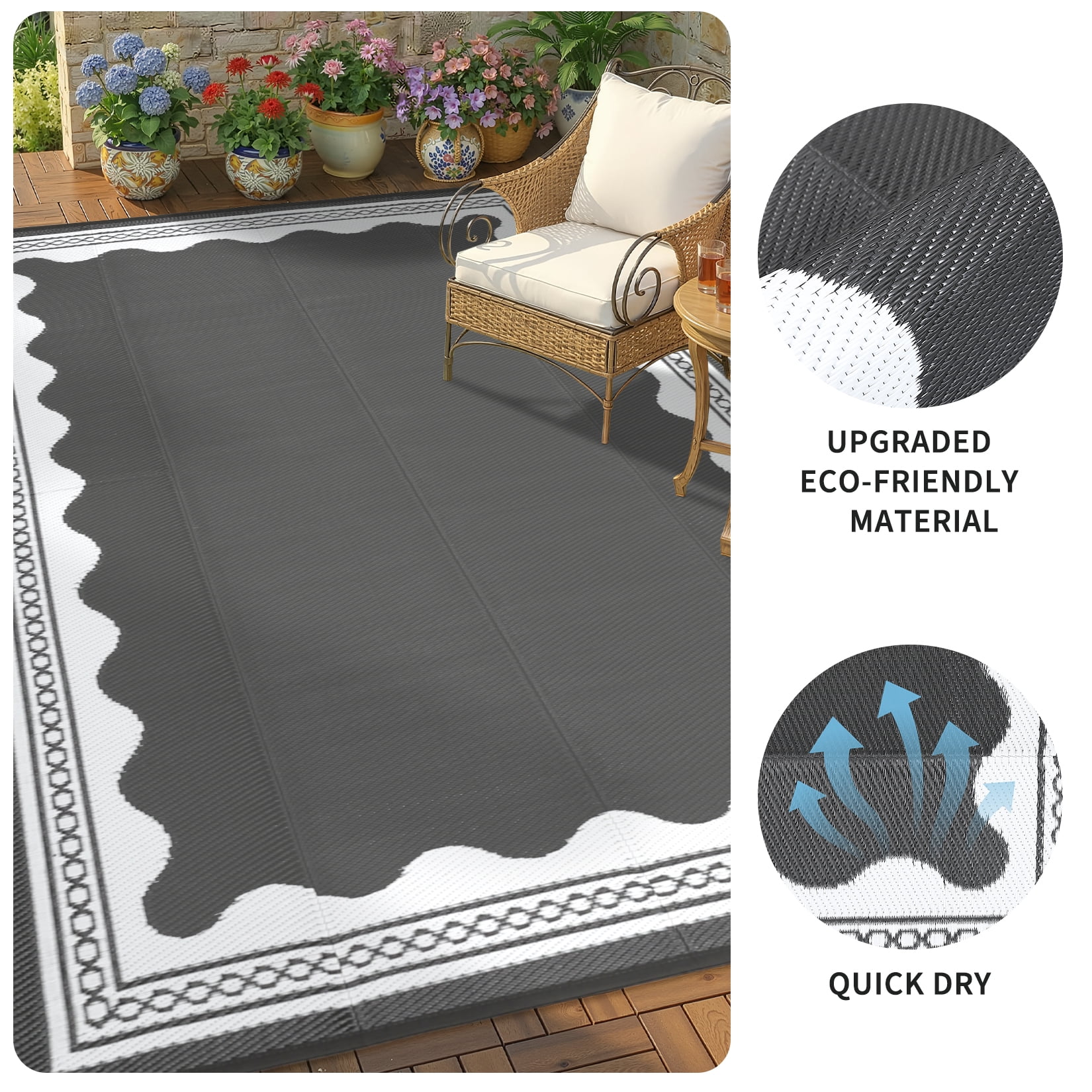 Garvee Outdoor Rug 8x10ft Modern Bordered Reversible Plastic Straw Rug, Waterproof RV Camping Rug Foldable Patio Rug for Deck Porch Balcony Backyard Picnic Beach, Gray/White