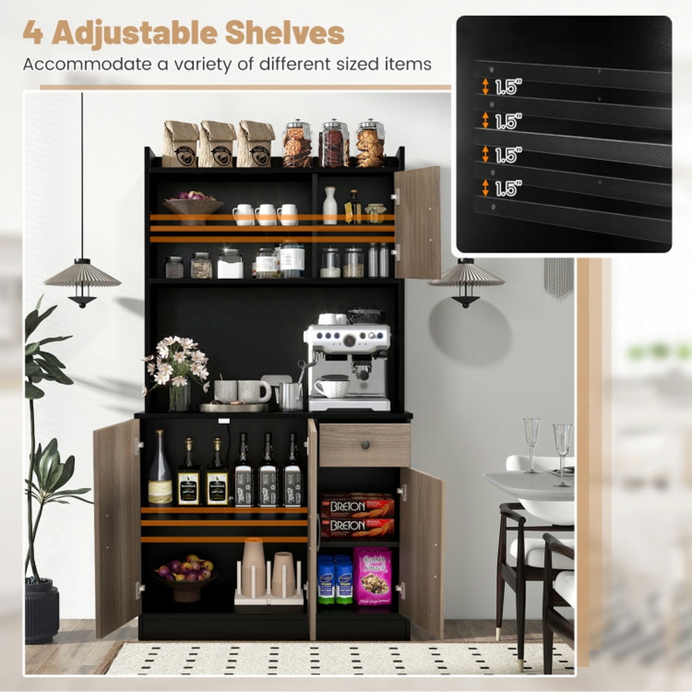 Demi Bonn Kitchen Storage Cabinet, Buffet Sideboard, 4-Door Freestanding Kitchen Buffet with Hutch and Adjustable Shelves, for Dining Room, Kitchen, Living Room, Black Demi Bonn Kitchen Storage Cabinet, Buffet Sideboard, 4-Door Freestanding Kitchen Buffet with Hutch and Adjustable Shelves, for Dining Room, Kitchen, Living Room, Black