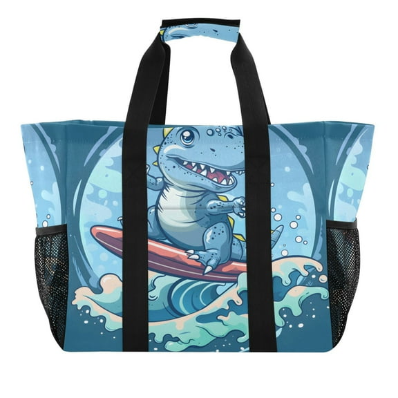 Cartoon Dinosaur Surfing on Sea Reusable Grocery Bags with Handle Side Pocket Waterproof Shopping Portable Tote