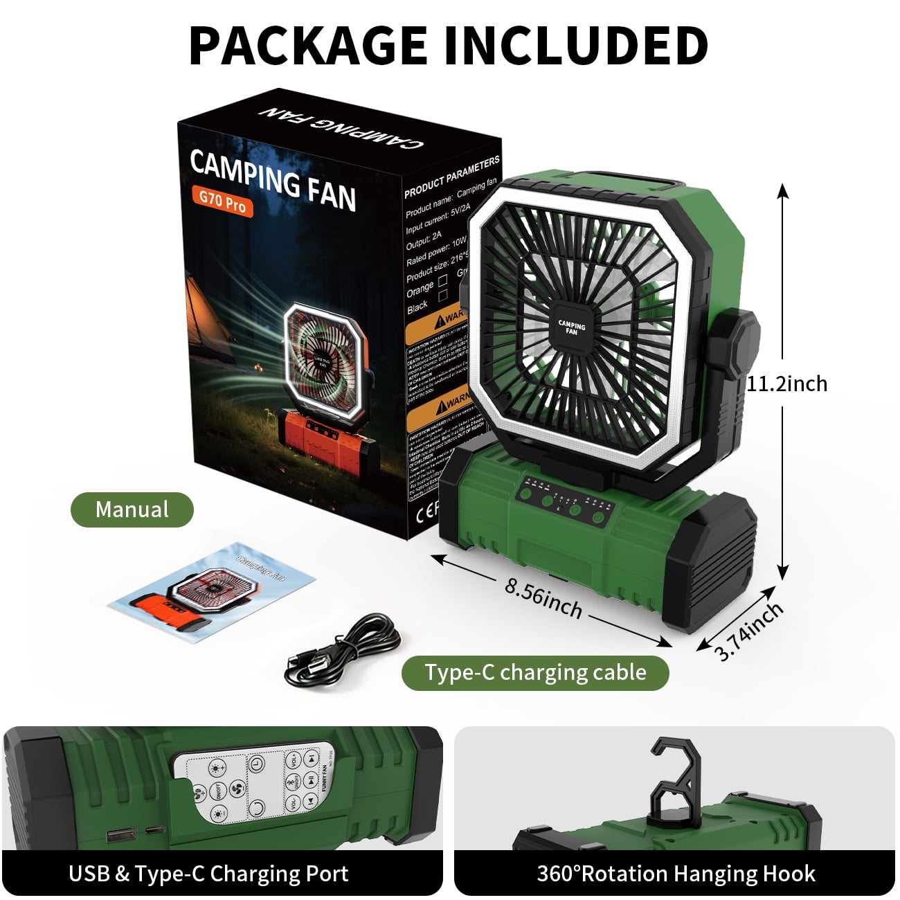 SuperRGB Portable Camping Fan, 20000mAh Rechargeable Battery Operated Fan with LED Light & Remote, 4 Speeds, Timer & Hanging Hook for Tent, Outdoor, Travel, Emergency, Green