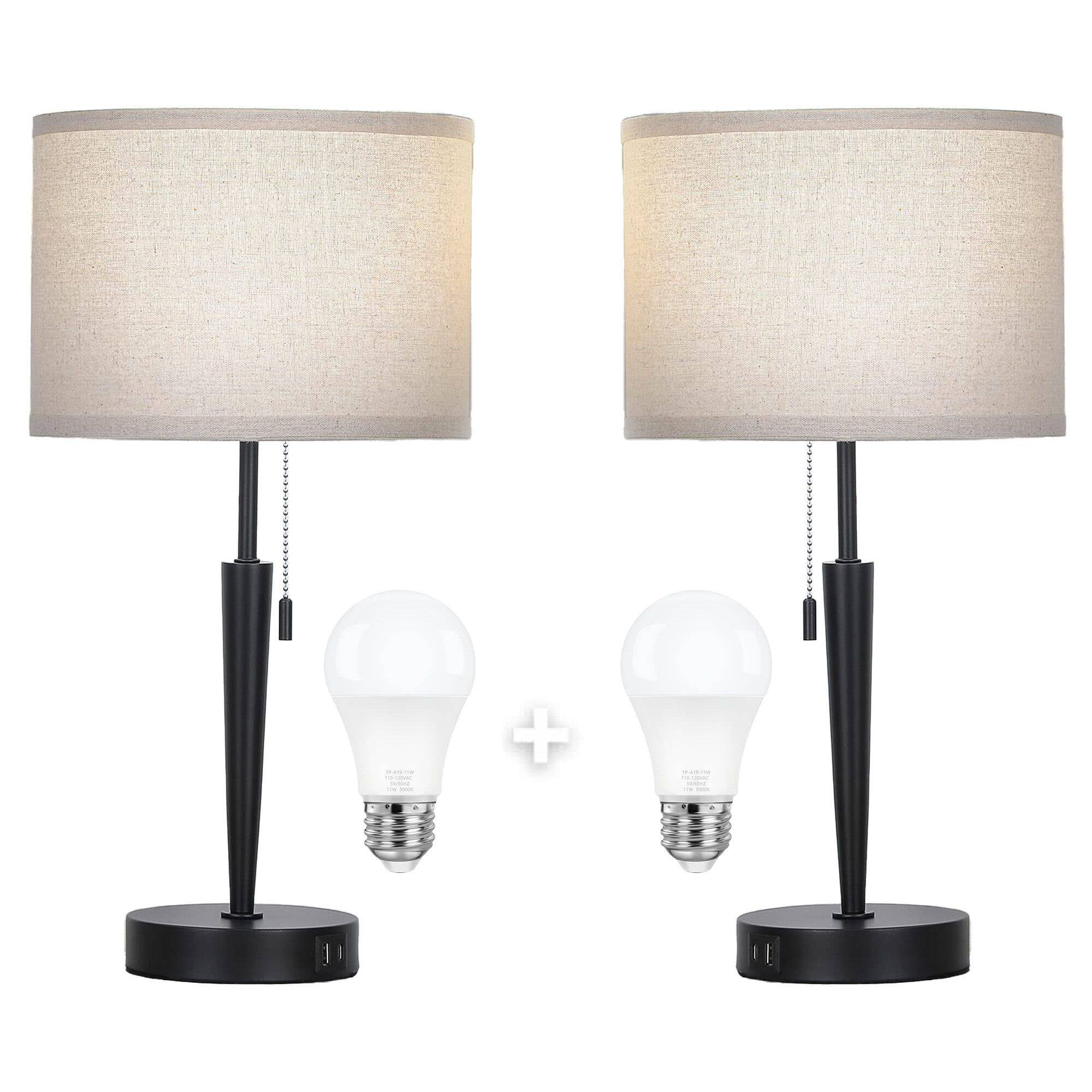 Modern Style Table Lamps Set of 2 with Pull Chain Switch, USB A & C