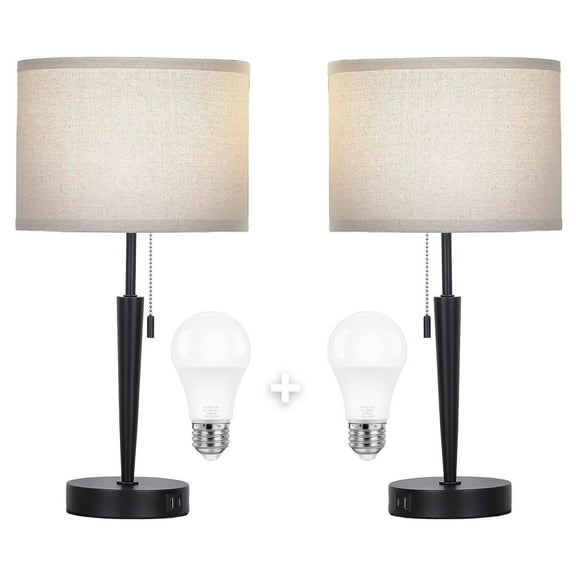 Modern Style Table Lamps Set of 2 with Pull Chain Switch, USB A & C Charging Ports, For Living Room Bedroom Home Office,5000K LED Bulb Include，Black,20 * 10 * 10 Inch