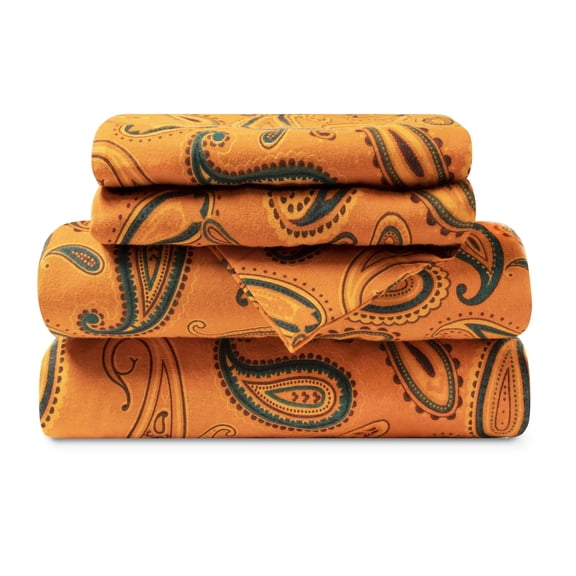 Superior Paisley Flannel Cotton Bed Sheet Set , Soft Fitted Sheets, California King, Pumpkin