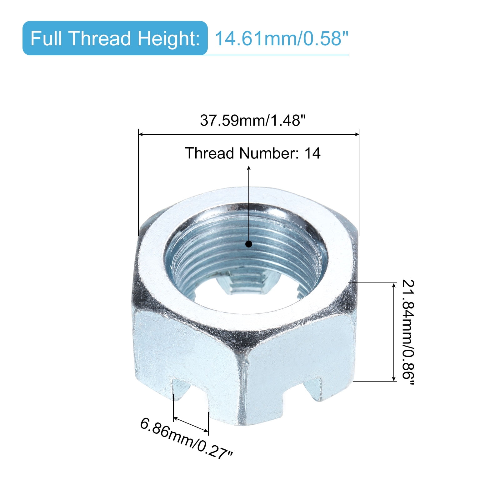 1"-14 Hexagon Slotted Nut, Grade 6.8 Carbon Steel Hex Nuts, Silver, 4Pack