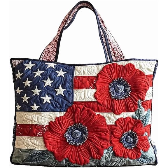 Floral American Flag Print Quilted Tote Patchwork Shoulder Bag Women Daily Handbag For Shopping 4th of July Decorations (A03)