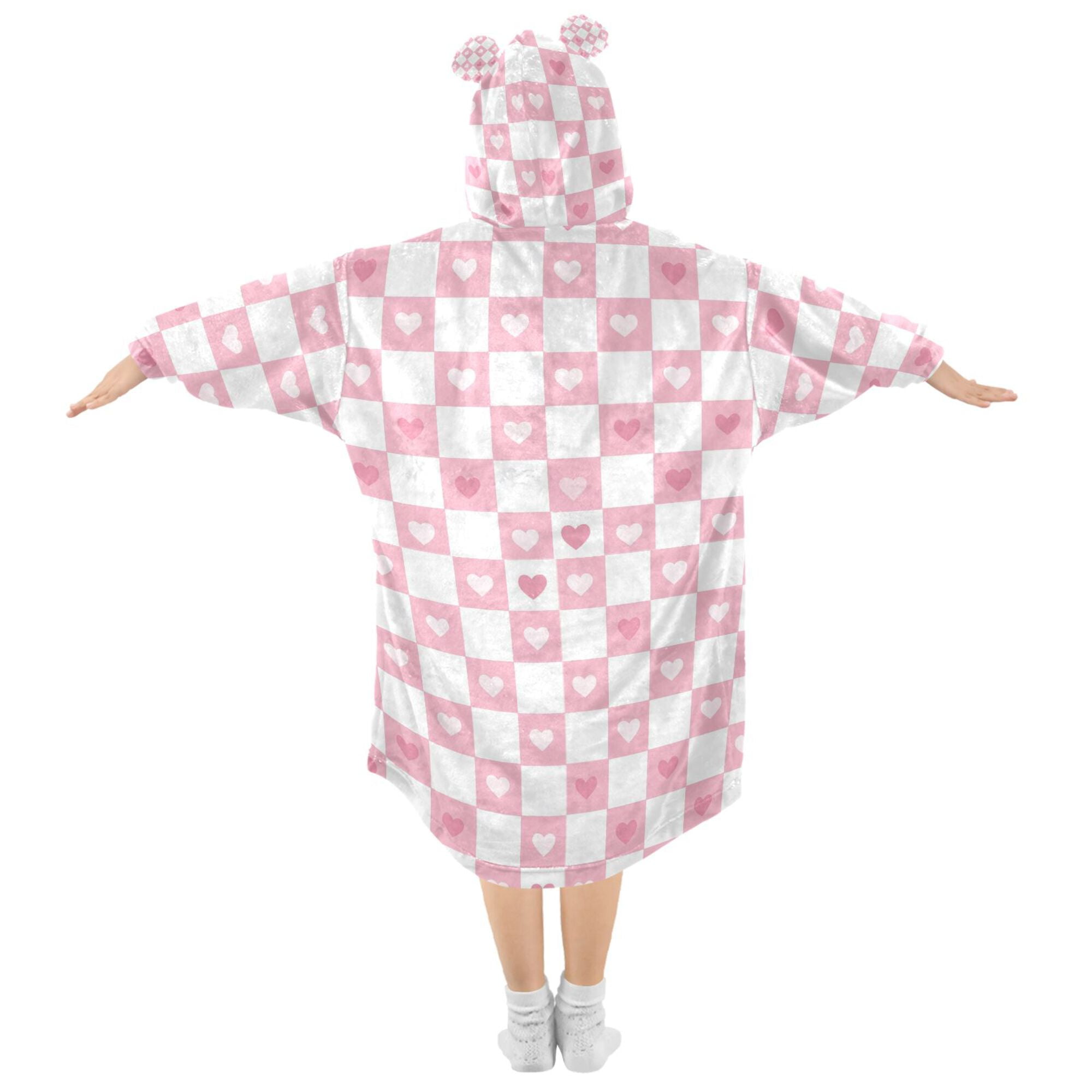 FORMRS Wearable Blanket Hoodie with Sleeves for Kids Cozy Flannel Sweatshirt, Pink Checkered Heart