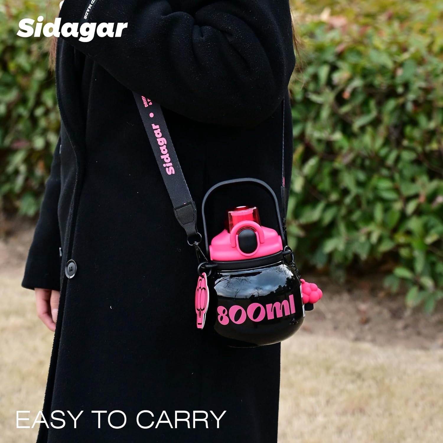 Sidagar 27 oz Stainless Steel Vacuum Insulated Water Bottle with Straw and Carry Handle, Black