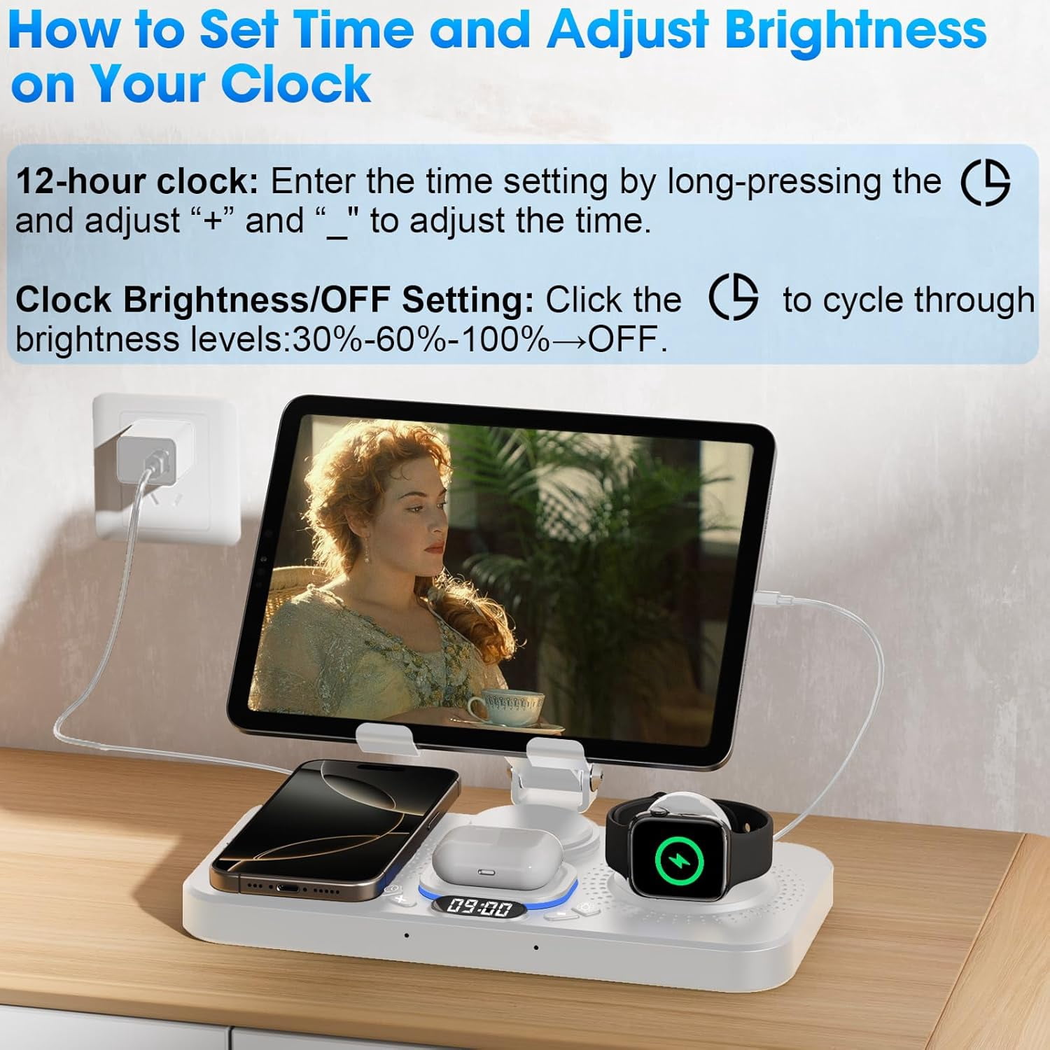 6 in 1 Wireless Charger for Apple Device, 30W Foldable Charging Station for ipad with Clock & 7 Color Ambient Light, Nightstand Wireless Charger for iPhone 16/15/14/iWatch Series/AirPods 4/3(Black)