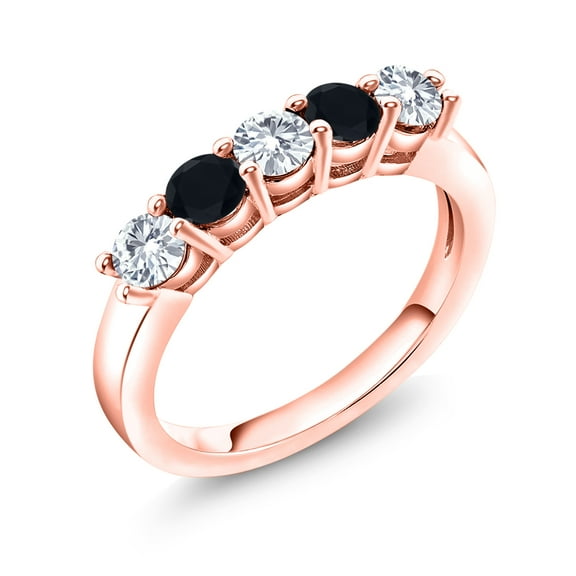 Gem Stone King 18K Rose Gold Plated Silver White Lab Grown Diamond and Black Onyx 5-Stone Wedding Anniversary Band Ring for Women (0.77 Cttw, Gemstone April Birthstone, Size 7)