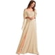 thumbnail image 1 of Vestidos de dama de honor de gasa con cuello en V y tirantes finos personalizados, vestidos formales de dama de honor fruncidos con hombros descubiertos y mangas, 1 of 5