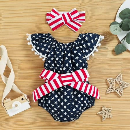 

Hunpta Infant Girls Tassels Fly Sleeve Independence Day Stars Striped Printed Romper Newborn Bowknot Bodysuits Headbands