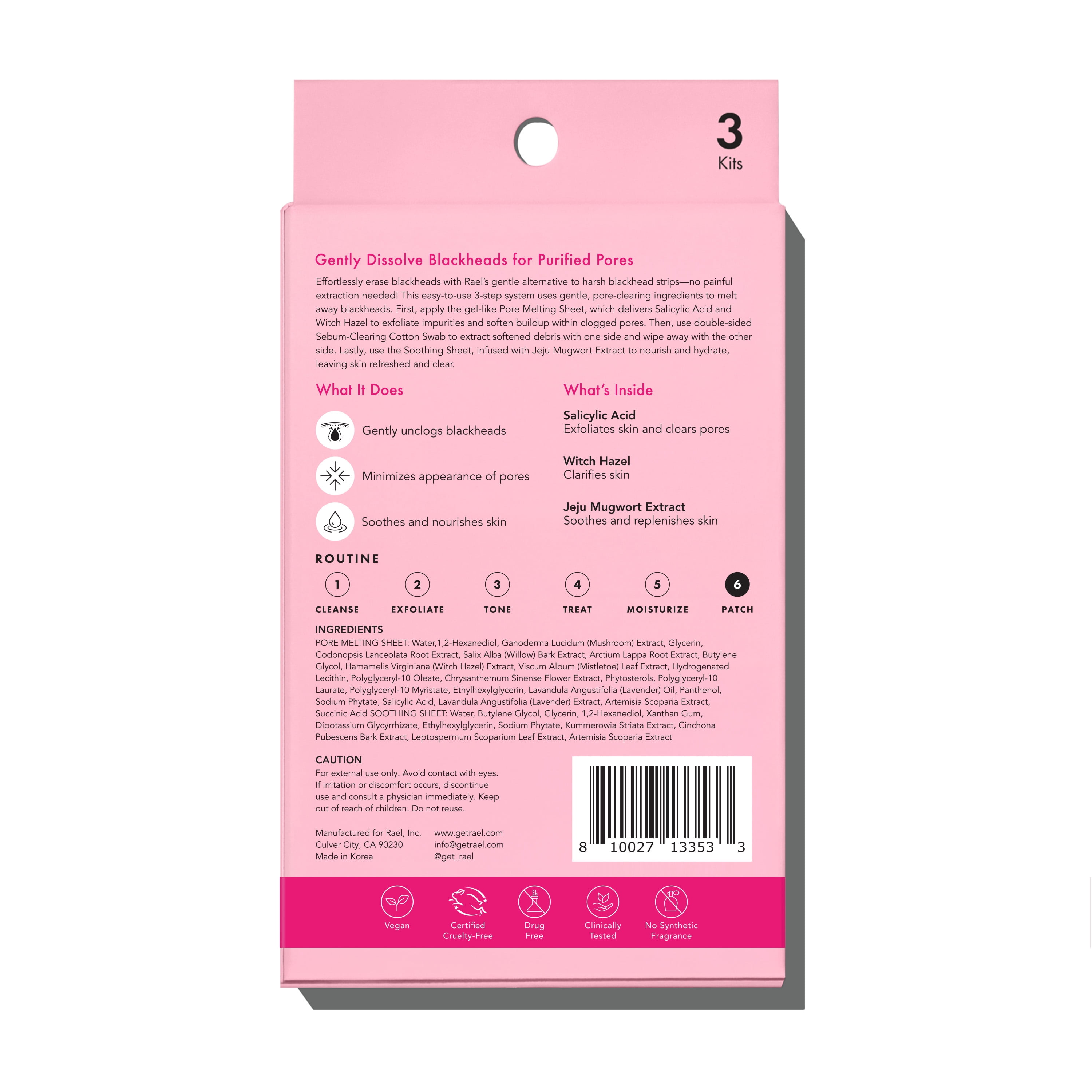 Rael Miracle Patch 3-Step Pore Melting Pack, Gentle Blackhead Remover, 3 Count