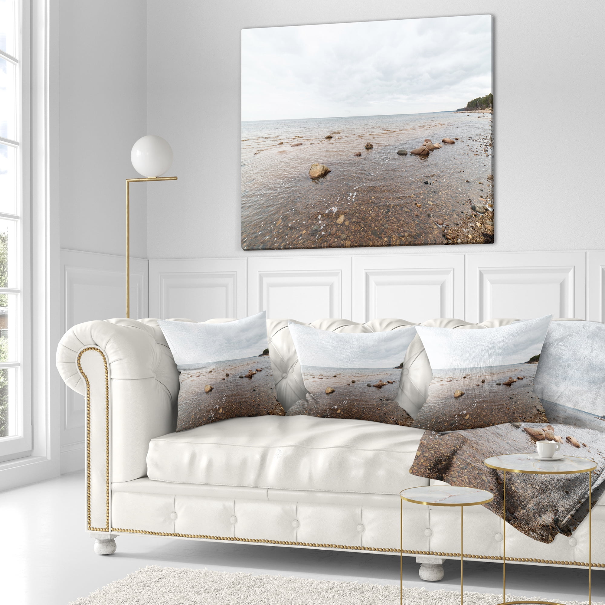 Designart Rocky Autumn Beach - Seashore Photography Throw Pillow - 18x18