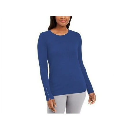 JM Collection Women's Button Cuff Crewneck Sweater Blue Size Large