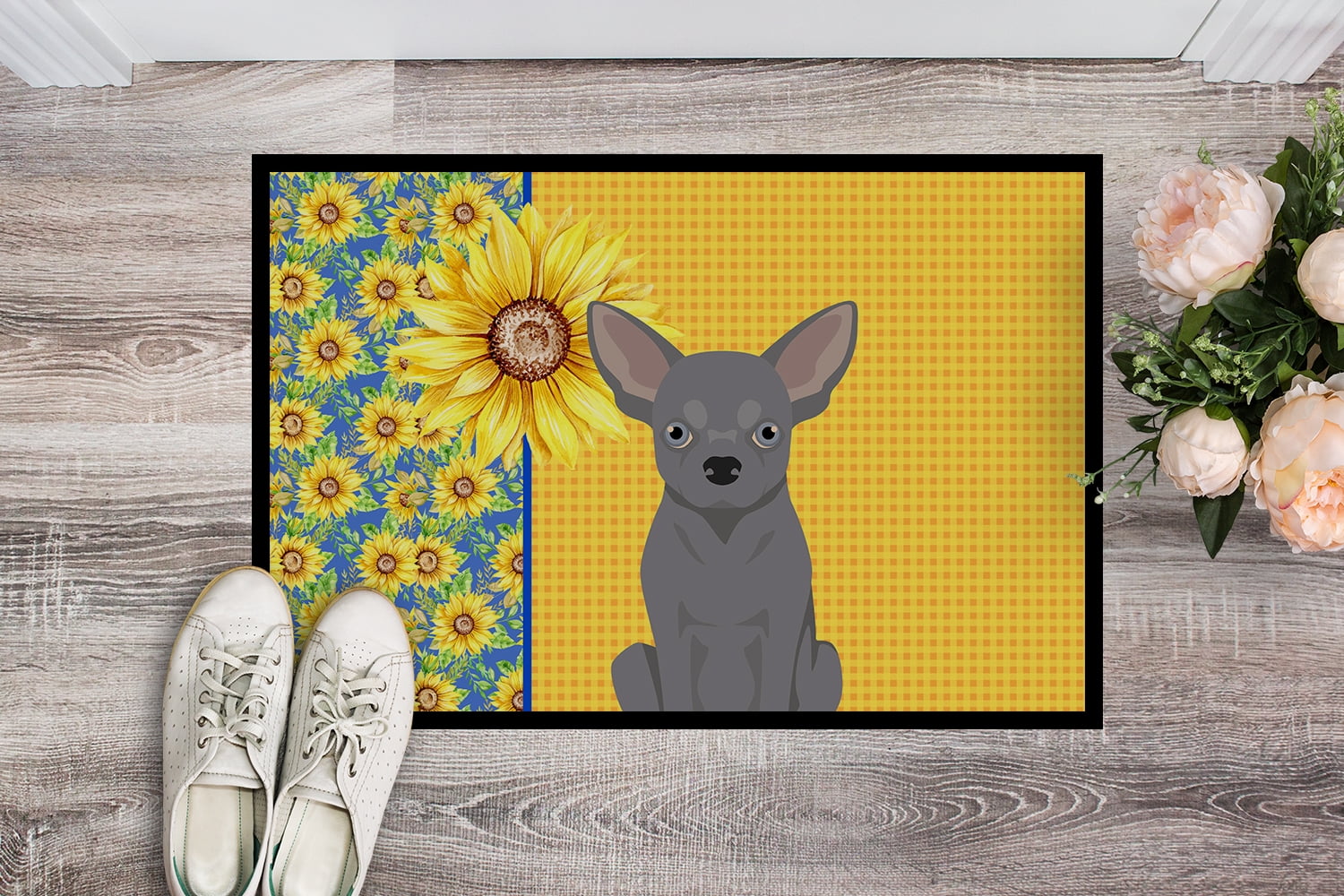 Carolines Treasures WDK5378JMAT 24 x 36 in. Summer Sunflowers Blue Chihuahua Indoor or Outdoor Mat